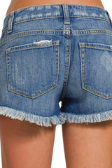 MIDRISE DISTRESSED DENIM SHORTS WITH RAW HEM