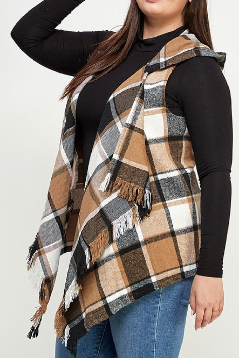 CURVY PLAID HOODY VEST WITH FRINGE DETAIL