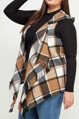 CURVY PLAID HOODY VEST WITH FRINGE DETAIL