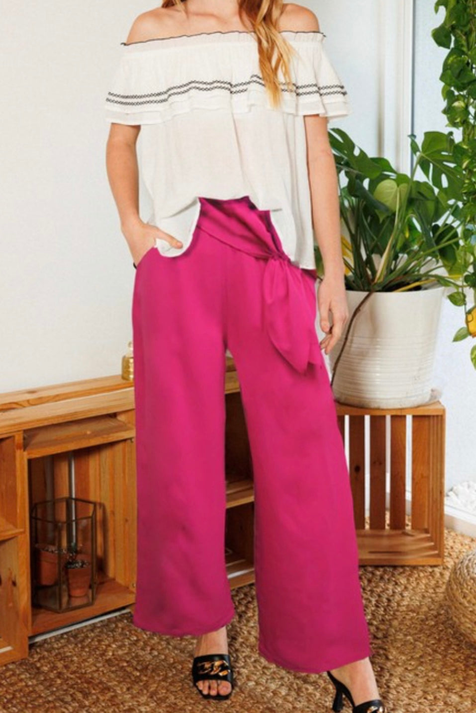 HIRISE FRONT TIE ELASTIC BACK WAIST WIDE LEG PANTS