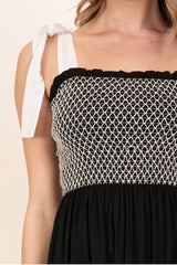 SMOCKED SHIRRED TOP MIDI DRESS WITH TIE STRAPS