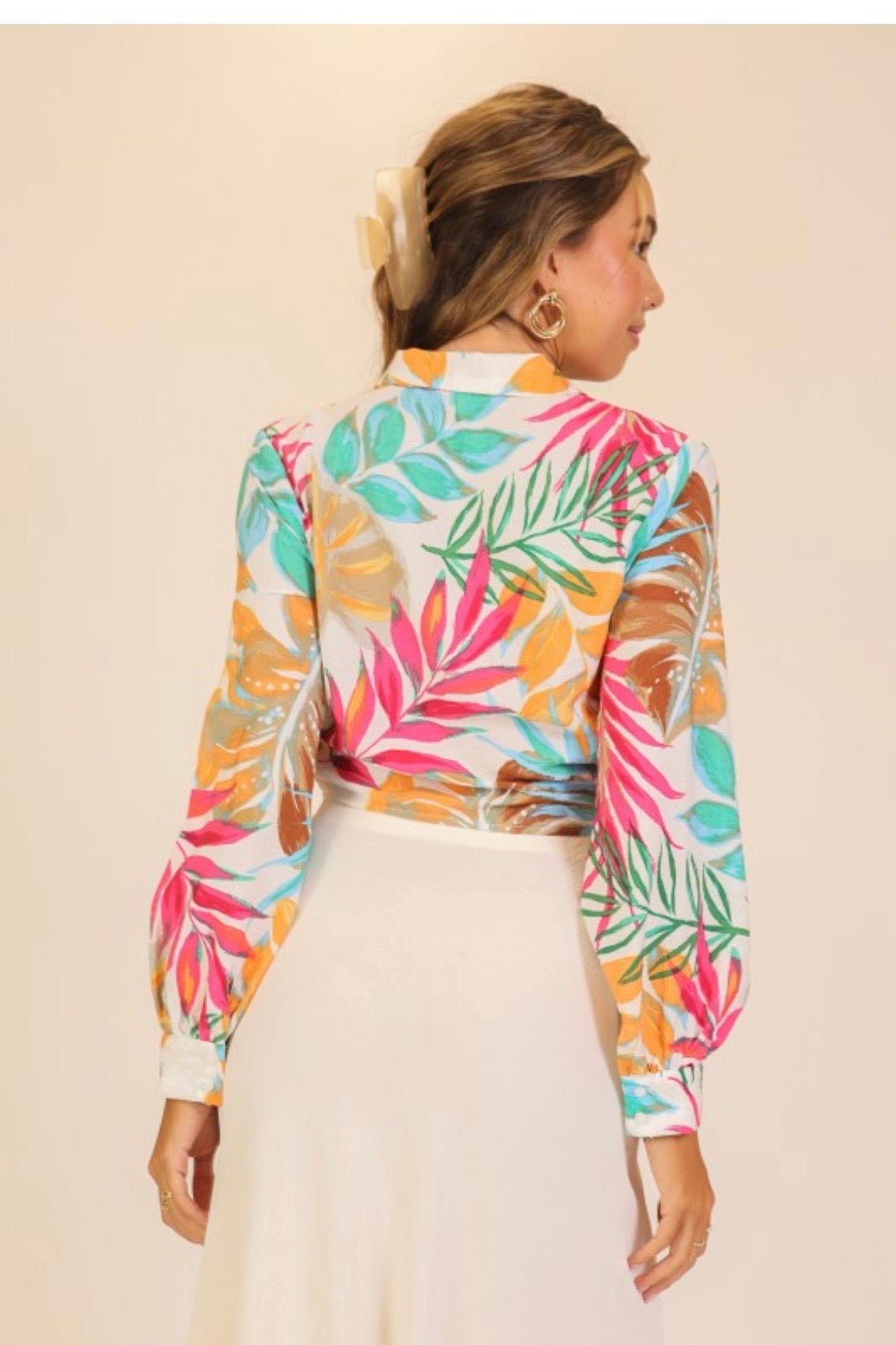 LONG SLEEVE TROPICAL PRINT TIE FRONT TOP