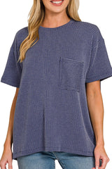 SHORT SLEEVE TWO TONE RIBBED TEE WITH POCKET