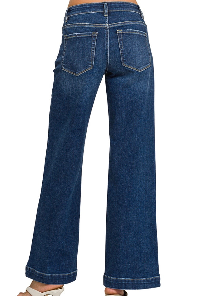 MIDRISE CLEAN WASH WIDE LEG JEANS WITH TROUSER HEM