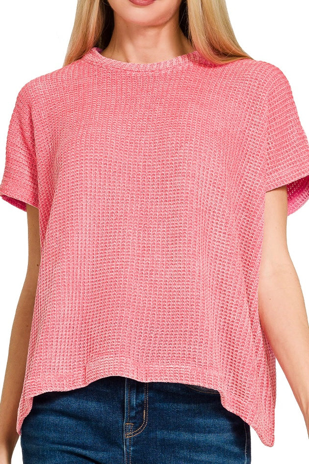 SHORT SLEEVE CHENILLE WAFFLE KNIT SWEATER