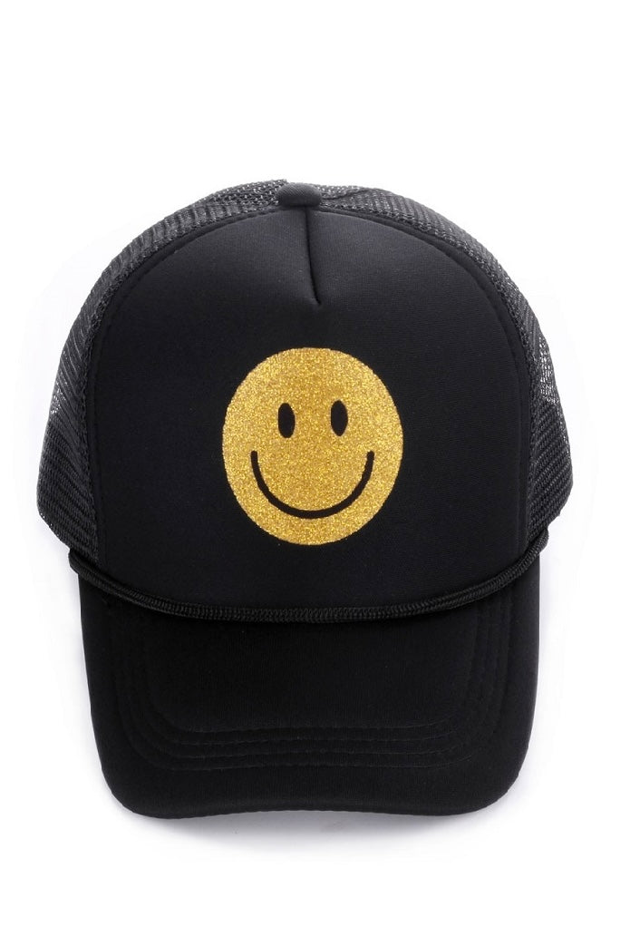 BE HAPPY GLITTER SMILEY FACE TRUCKER HAT