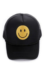 BE HAPPY GLITTER SMILEY FACE TRUCKER HAT