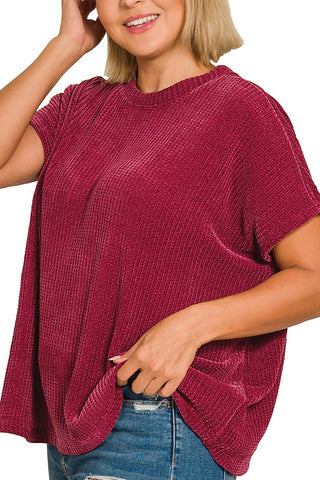 CURVY SHORT SLEEVE CHENILLE WAFFLE KNIT SWEATER