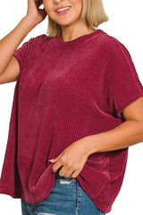 CURVY SHORT SLEEVE CHENILLE WAFFLE KNIT SWEATER