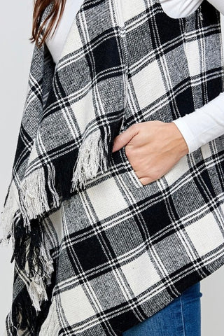 PLAID HOODY VEST WITH FRINGE DETAIL