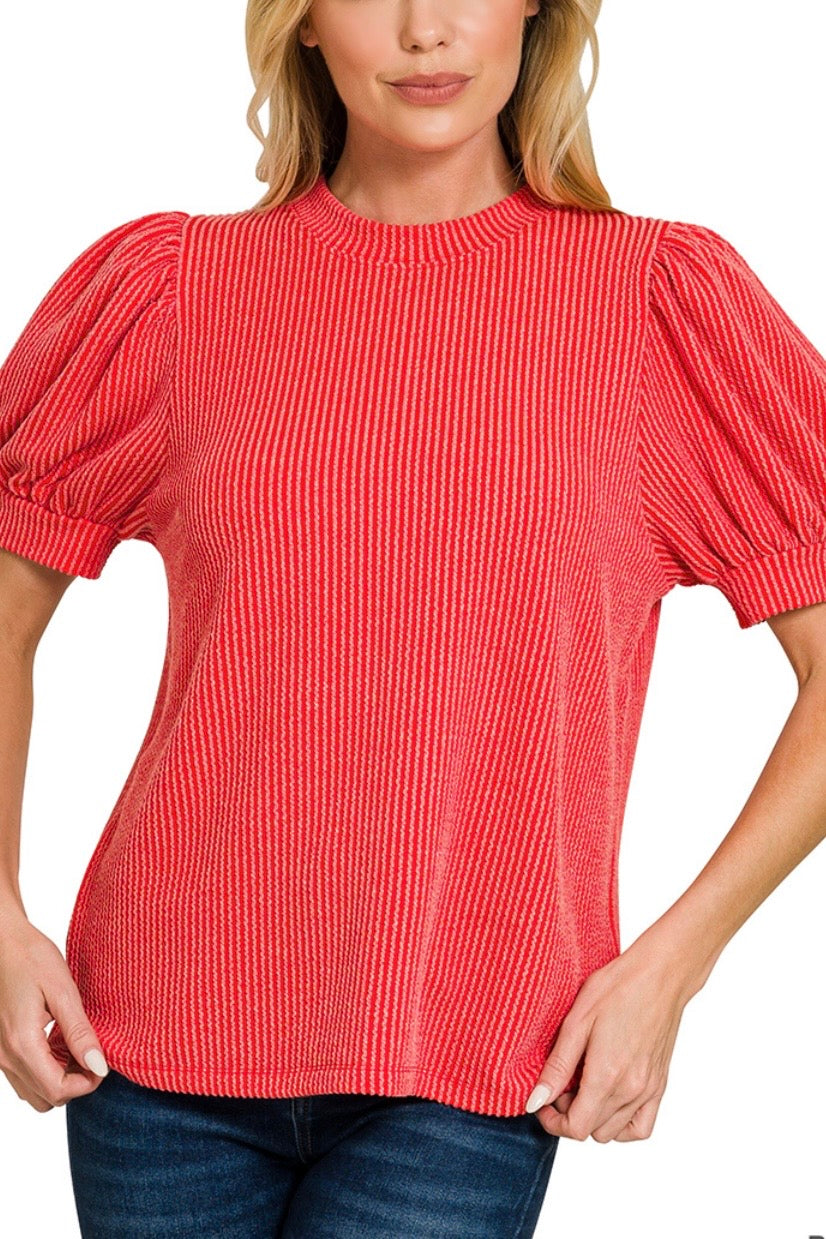 PUFF SLEEVE TWO TONE RIBBED TOP