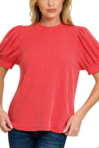 PUFF SLEEVE TWO TONE RIBBED TOP