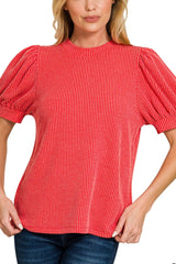PUFF SLEEVE TWO TONE RIBBED TOP