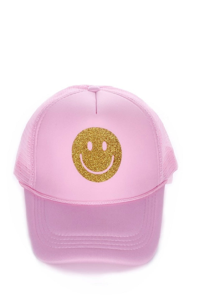 BE HAPPY GLITTER SMILEY FACE TRUCKER HAT