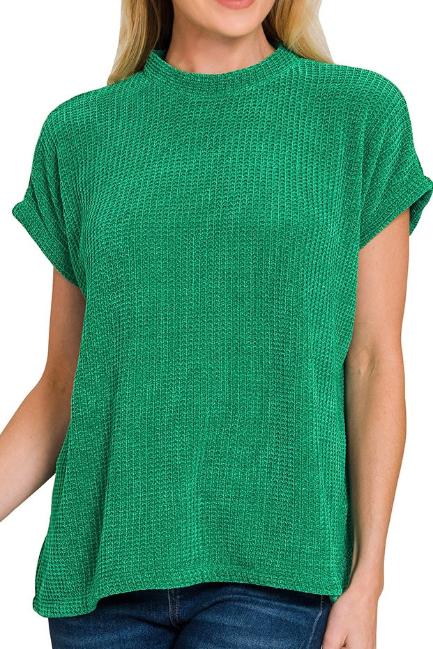 SHORT SLEEVE CHENILLE WAFFLE KNIT SWEATER