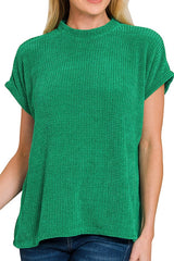 SHORT SLEEVE CHENILLE WAFFLE KNIT SWEATER