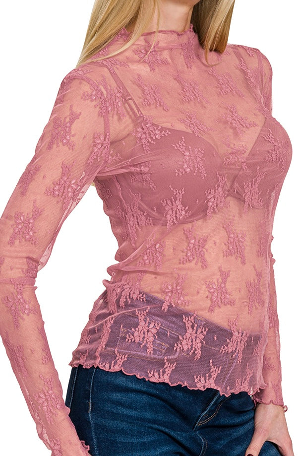 LACE MESH LONG SLEEVE TOP