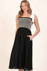 SMOCKED SHIRRED TOP MIDI DRESS WITH TIE STRAPS