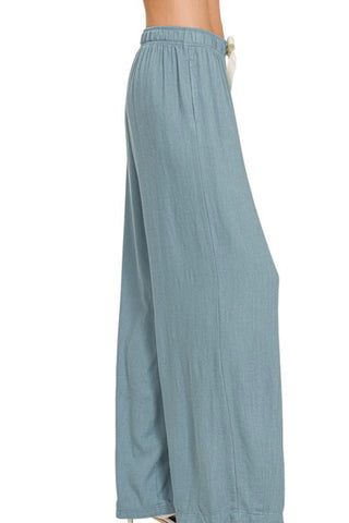 WIDE LEG LINEN BLEND PANTS WITH DRAWSTRING WAIST