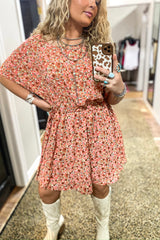 SHORT DOLMAN SLEEVE FLORAL PRINT DRESS WITH TIE WAIST