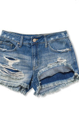 MIDRISE DISTRESSED DENIM SHORTS WITH RAW HEM