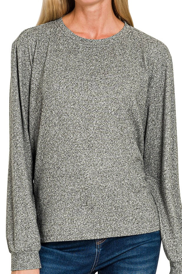 LONG SLEEVE SOFT MELANGE HACCI ROUND NECK TOP