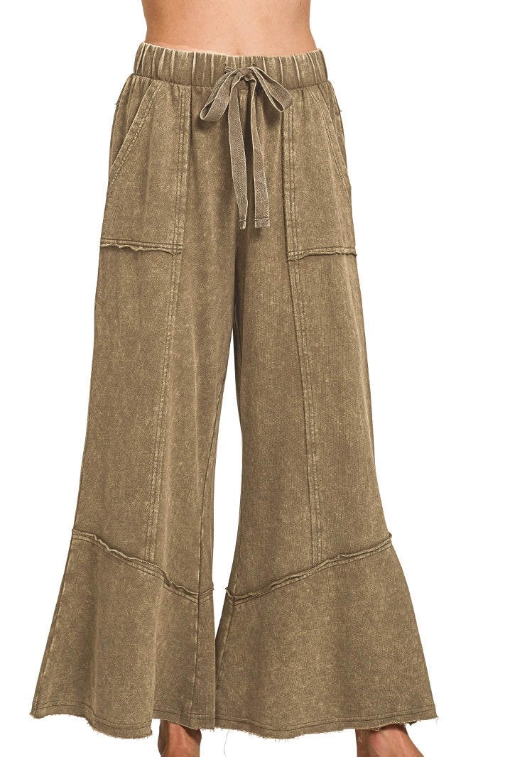 MINERAL WASH ELASTIC WAIST PANTS WITH PIECED HEM DETAILS