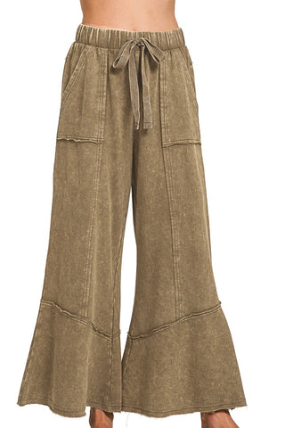 MINERAL WASH ELASTIC WAIST PANTS WITH PIECED HEM DETAILS