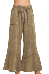 MINERAL WASH ELASTIC WAIST PANTS WITH PIECED HEM DETAILS