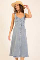 BUTTON DOWN MIDI DENIM DRESS WITH SWEETHEART NECKLIINE
