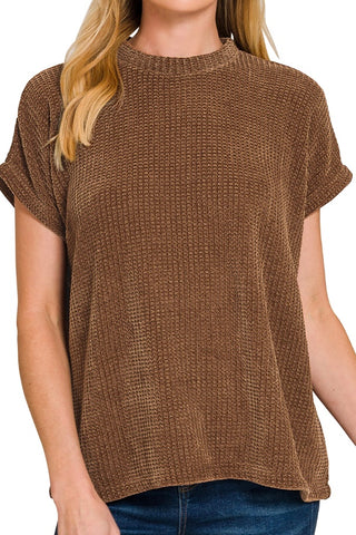 SHORT SLEEVE CHENILLE WAFFLE KNIT SWEATER
