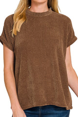 SHORT SLEEVE CHENILLE WAFFLE KNIT SWEATER
