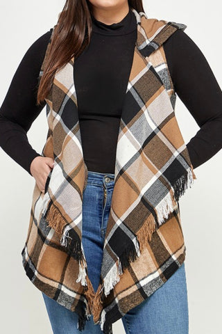 CURVY PLAID HOODY VEST WITH FRINGE DETAIL