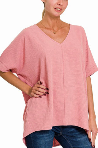 SHORT DOLMAN SLEEVE VNECK WOVEN TOP WITH CENTER SEAM