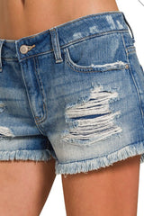 MIDRISE DISTRESSED DENIM SHORTS WITH RAW HEM