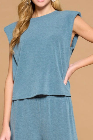FRENCH TERRY CAP SLEEVE TOP WITH PADDED SHOULDERS