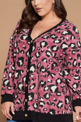 CURVY LONG SLEEVE BRUSHED BUTTON DOWN LEOPARD PRINT CARDI