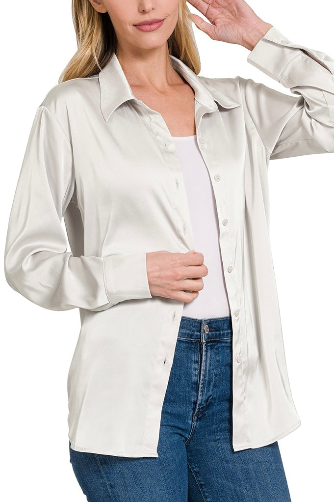 LONG SLEEVE BUTTON DOWN SATIN TOP