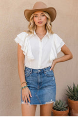 DOUBLE RUFFLE SLEEVED BUTTON DOWN TOP