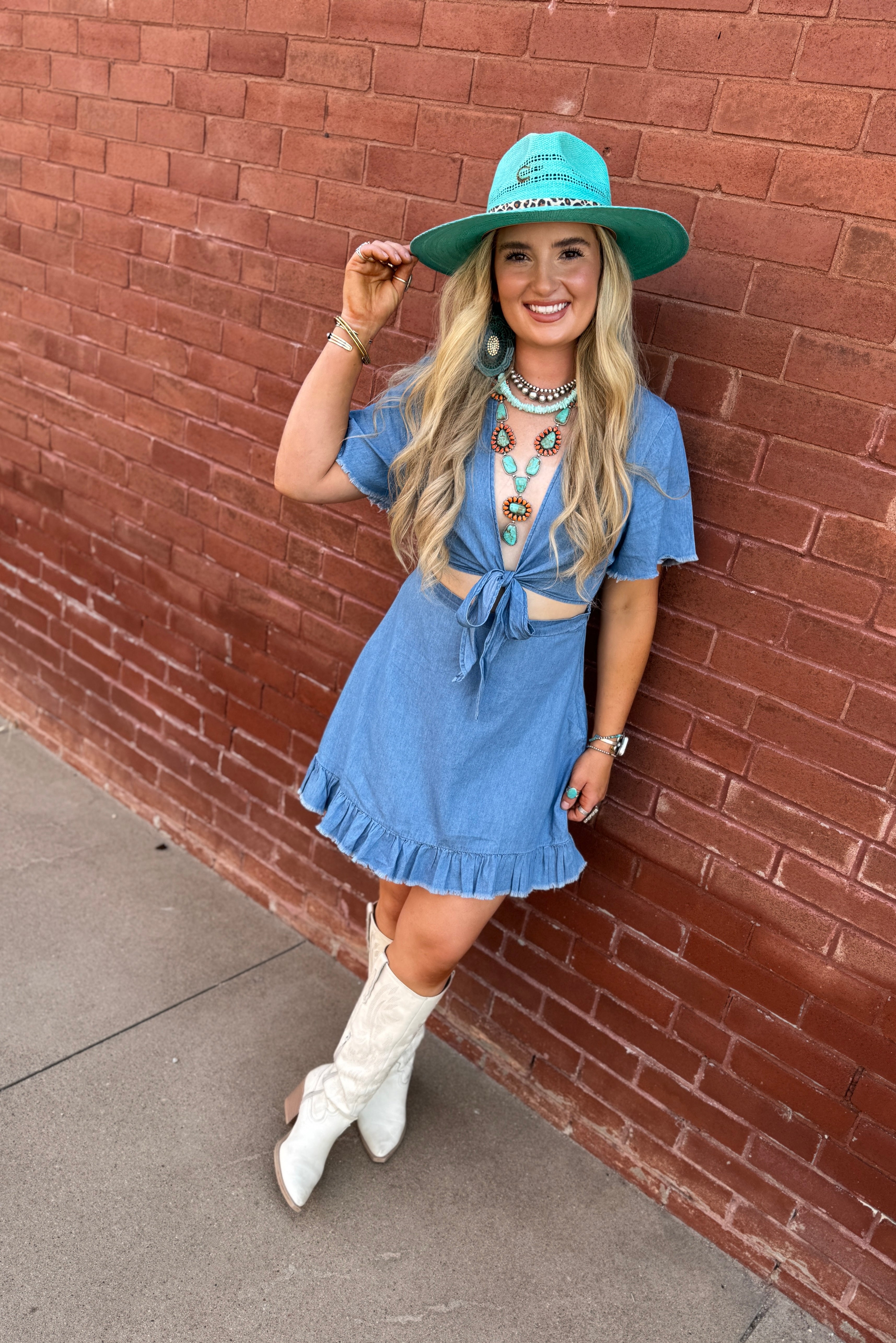 denim tie front dress Collabo Tie Front Ruffle Denim Dress at Dry Goods