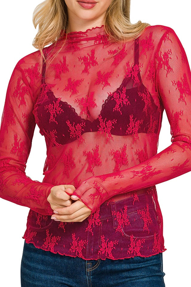 LACE MESH LONG SLEEVE TOP