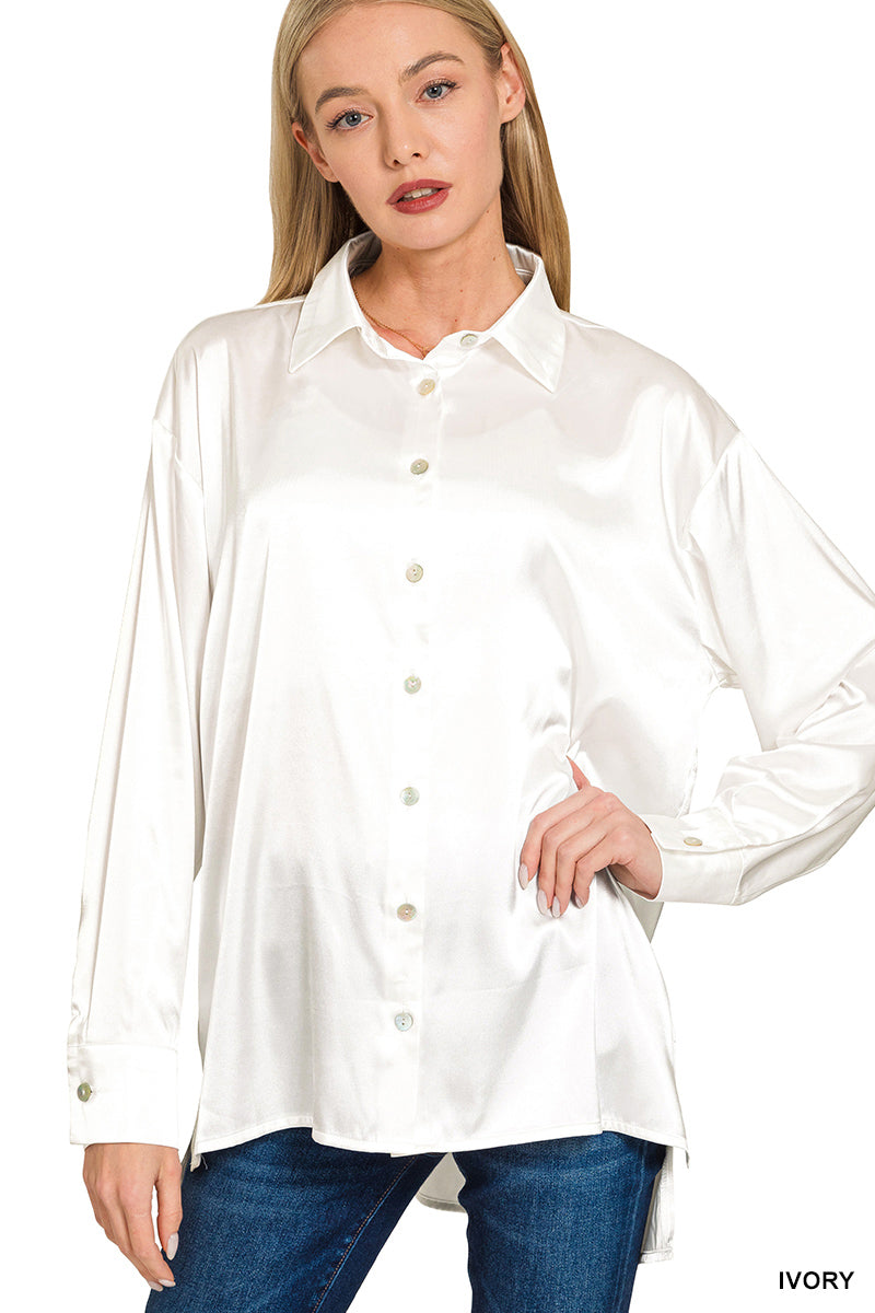 LONG SLEEVE RELAXED FIT SATIN BUTTON DOWN TOP WITH SHELL BUTTONS