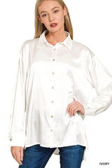 LONG SLEEVE RELAXED FIT SATIN BUTTON DOWN TOP WITH SHELL BUTTONS