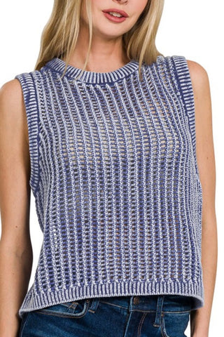 ACID WASHED FISHNET STYLE SWEATER VEST
