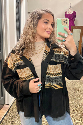 LONG SLEEVE FLEECE JACKET WITH ANIMAL PRINT CONTRASTS