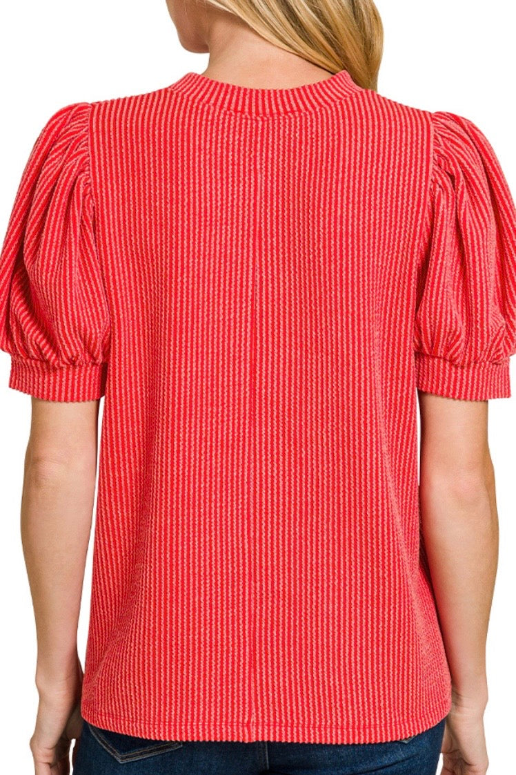 PUFF SLEEVE TWO TONE RIBBED TOP