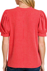 PUFF SLEEVE TWO TONE RIBBED TOP