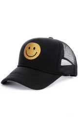 BE HAPPY GLITTER SMILEY FACE TRUCKER HAT