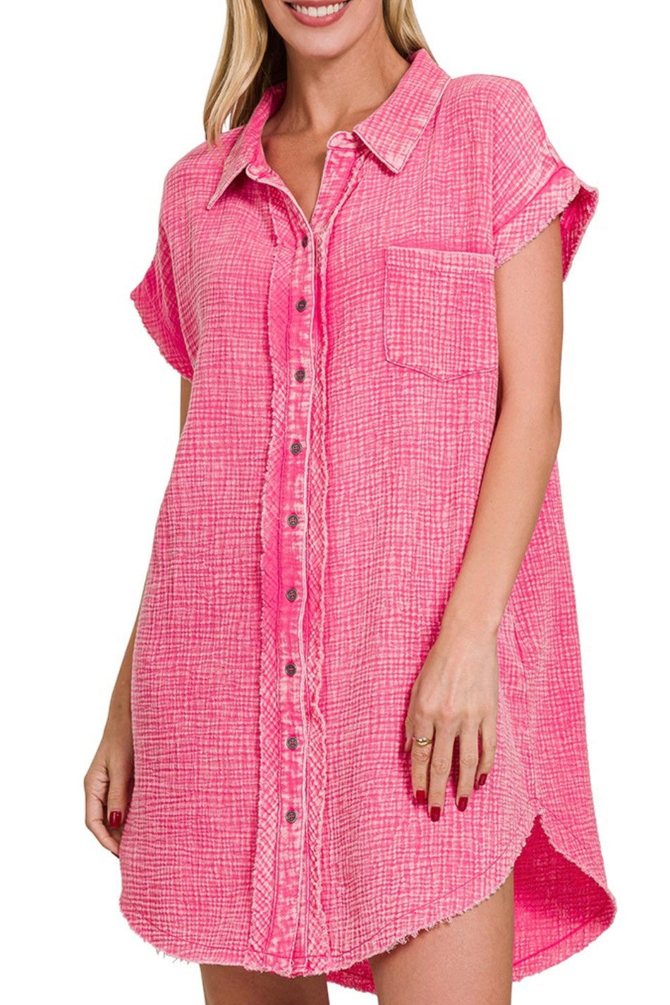 SHORT SLEEVE MINERAL WASH DOUBLE GAUZE BUTTON DOWN SHIRT DRESS The Hotpink Daisy SHORT SLEEVE MINERAL WASH DOUBLE GAUZE BUTTON DOWN SHIRT DRESS The Hotpink Daisy