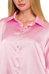 LONG SLEEVE RELAXED FIT SATIN BUTTON DOWN TOP WITH SHELL BUTTONS